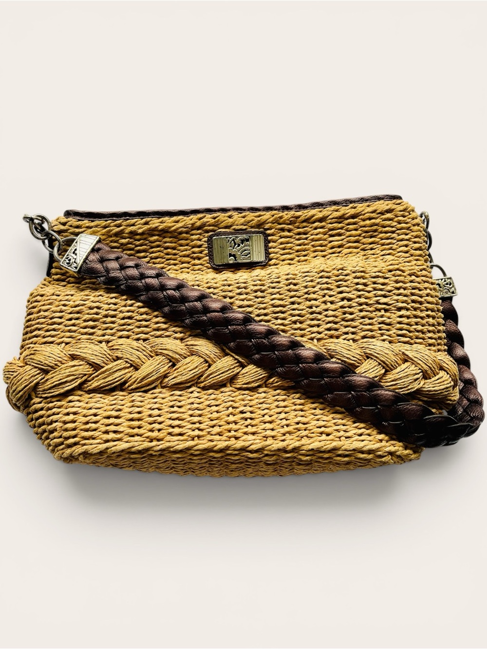 Brighton Straw Woven Shoulder Bag Brown Leather Braided Handle Beach Tote Purse - Picture 6 of 16